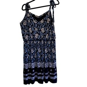 LOFT Floral Sundress Womens Large Navy Blue Tie Strap Boho Cottagecore Comfy